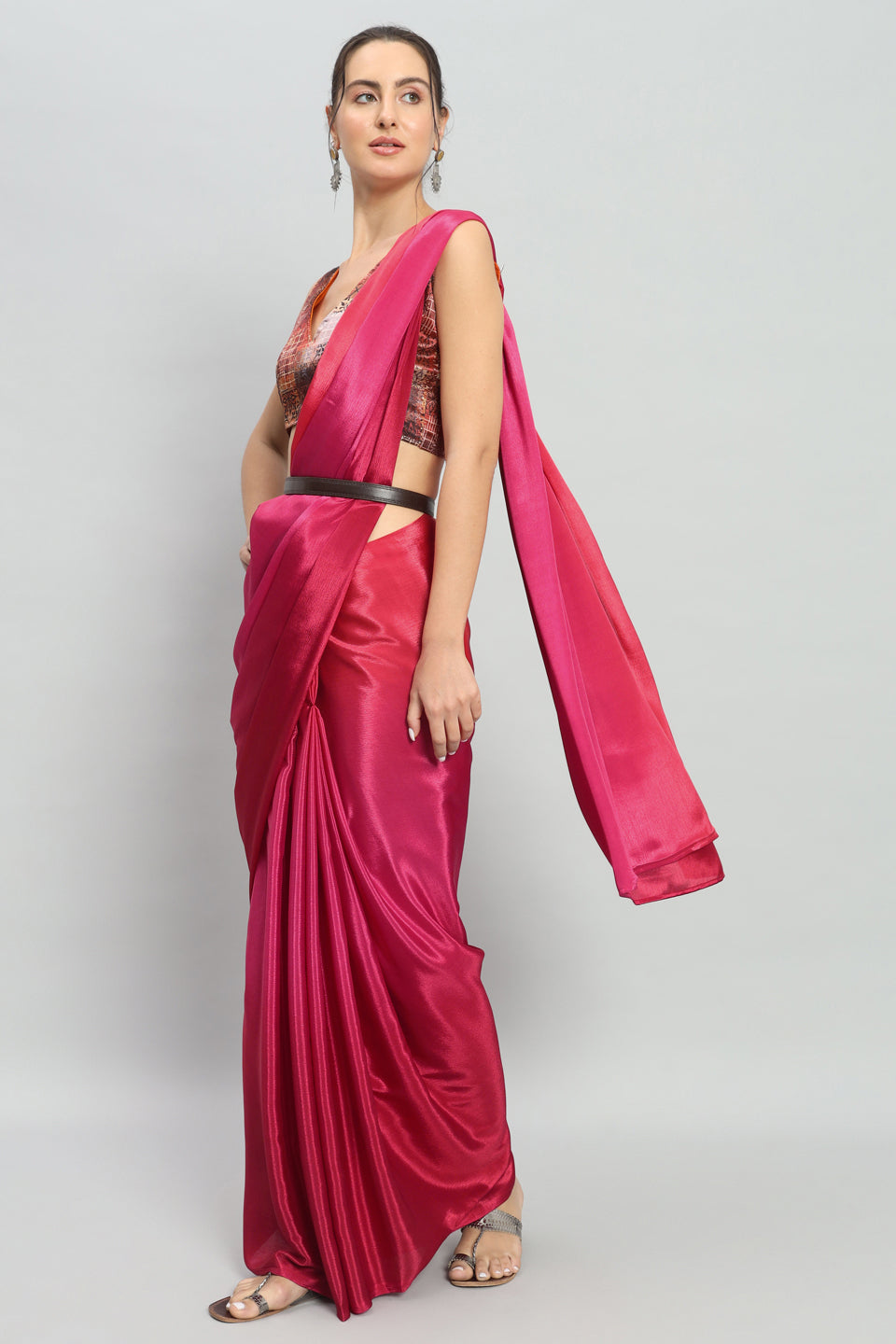 Satin Ready to Wear Pre-stitched Pink Saree