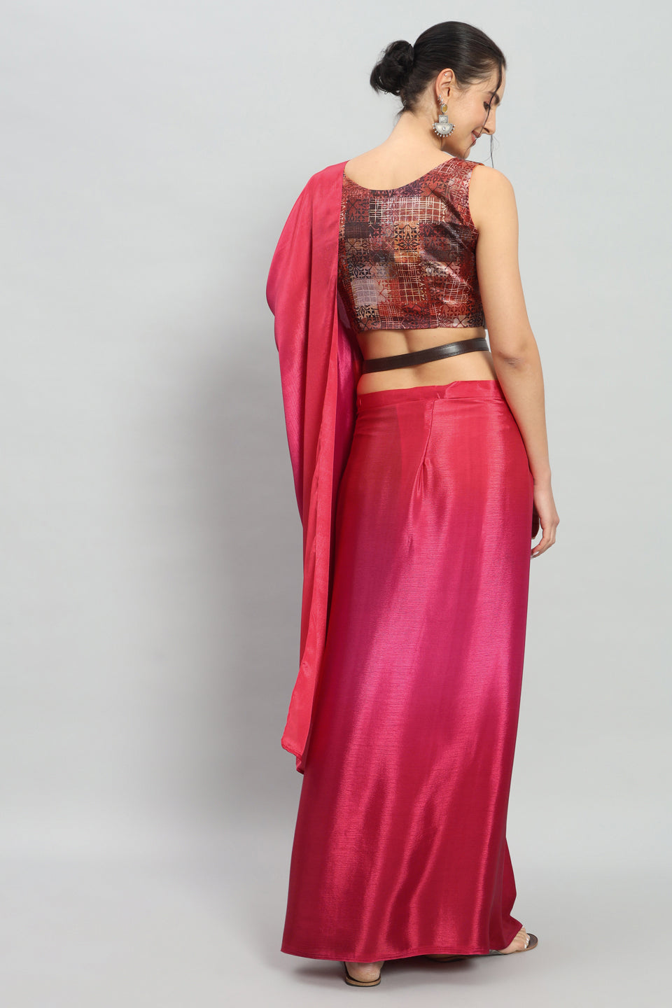 Satin Ready to Wear Pre-stitched Pink Saree