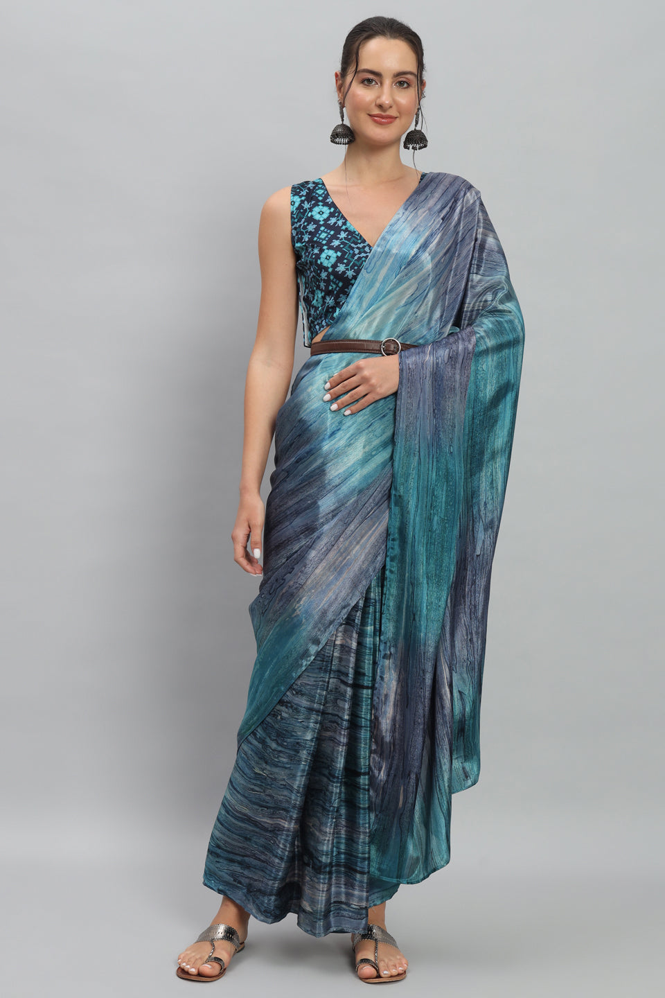 Satin Marble Printed Ready to Wear Pre-stitched Blue Saree