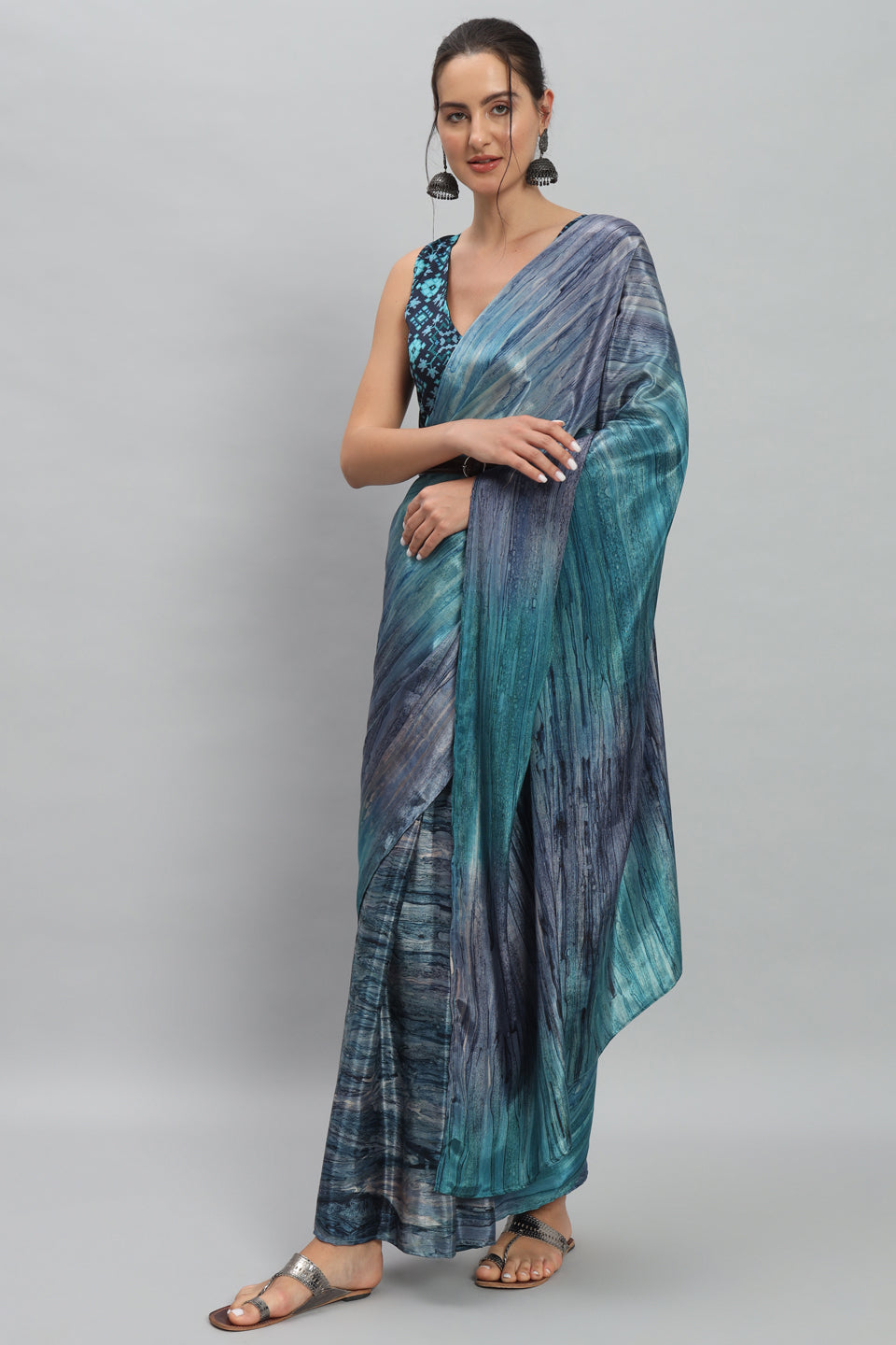 Satin Marble Printed Ready to Wear Pre-stitched Blue Saree