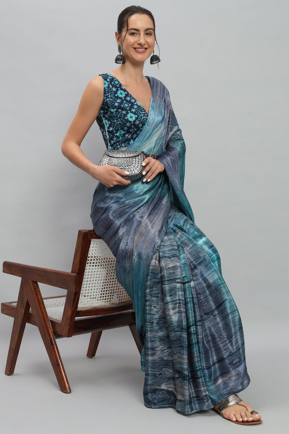 Satin Marble Printed Ready to Wear Pre-stitched Blue Saree