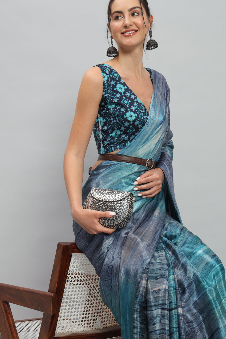 Satin Marble Printed Ready to Wear Pre-stitched Blue Saree