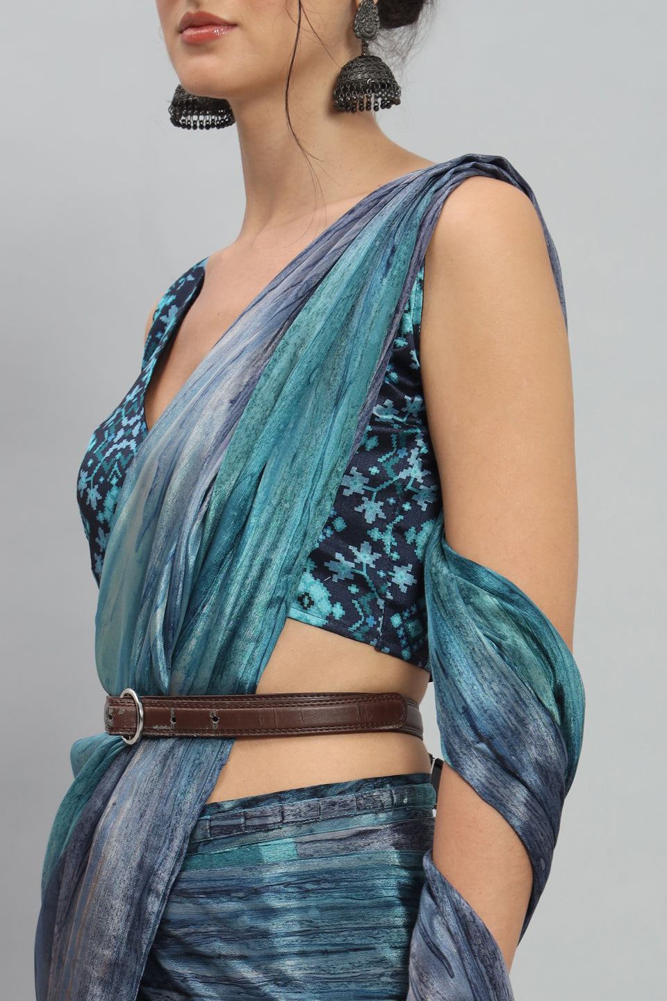 Satin Marble Printed Ready to Wear Pre-stitched Blue Saree