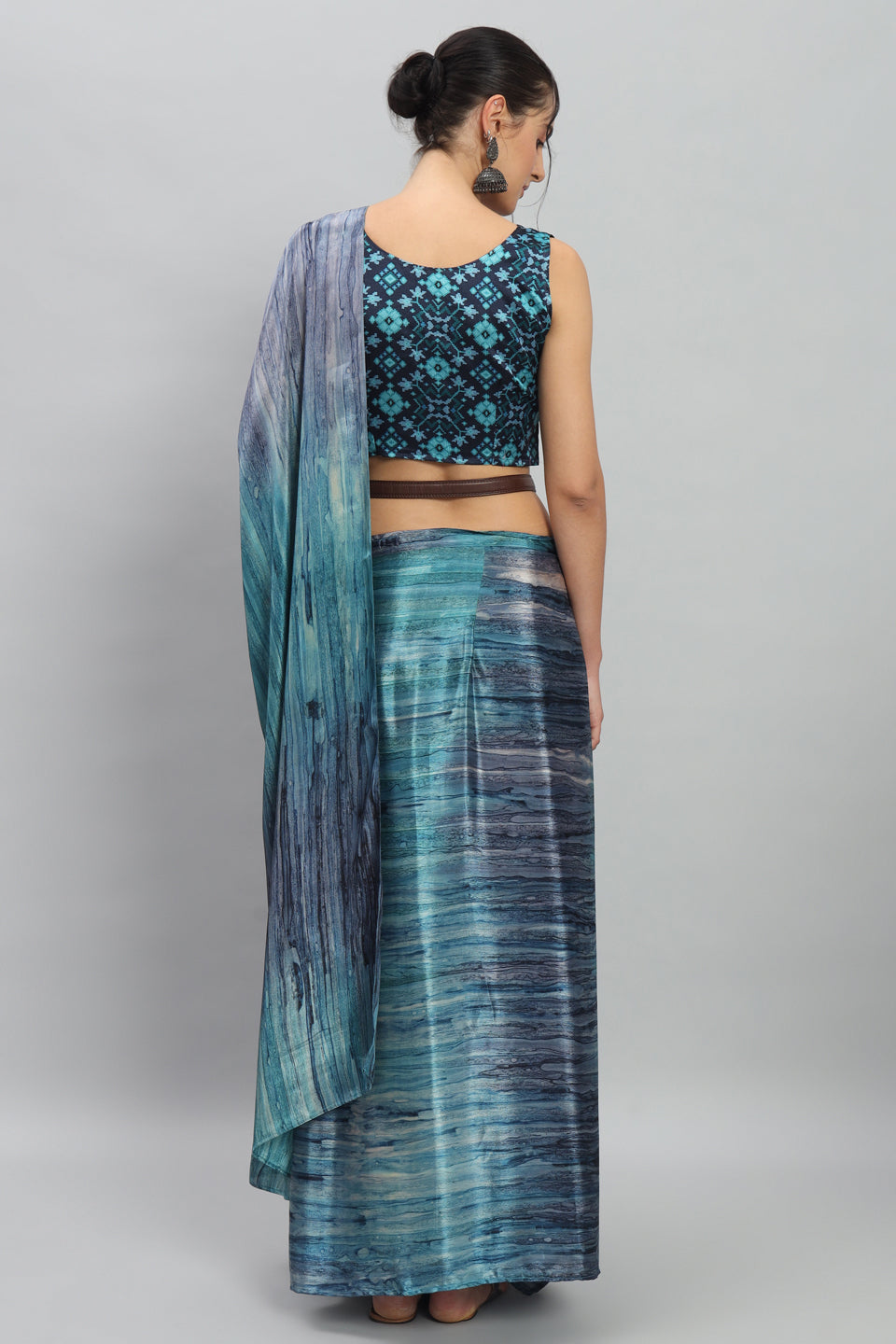Satin Marble Printed Ready to Wear Pre-stitched Blue Saree