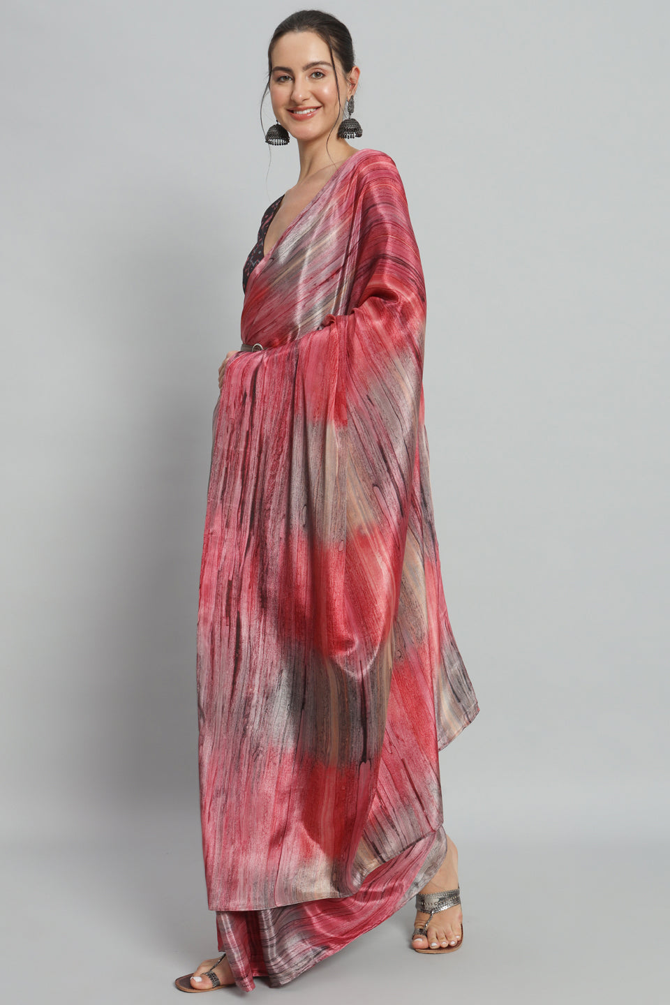 Satin Marble Printed Ready to Wear Pre-stitched Red Saree