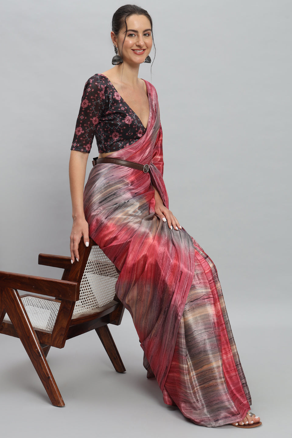 Satin Marble Printed Ready to Wear Pre-stitched Red Saree