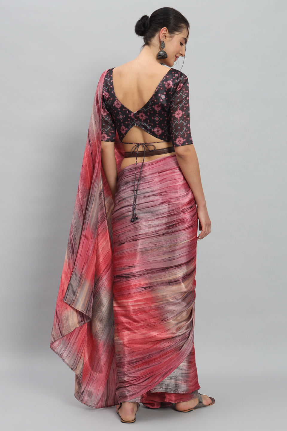 Satin Marble Printed Ready to Wear Pre-stitched Red Saree