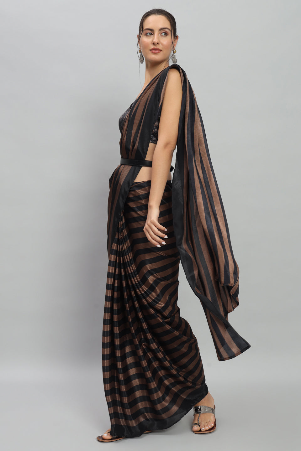 Satin Striped Printed Ready to Wear Pre-stitched Brown Saree