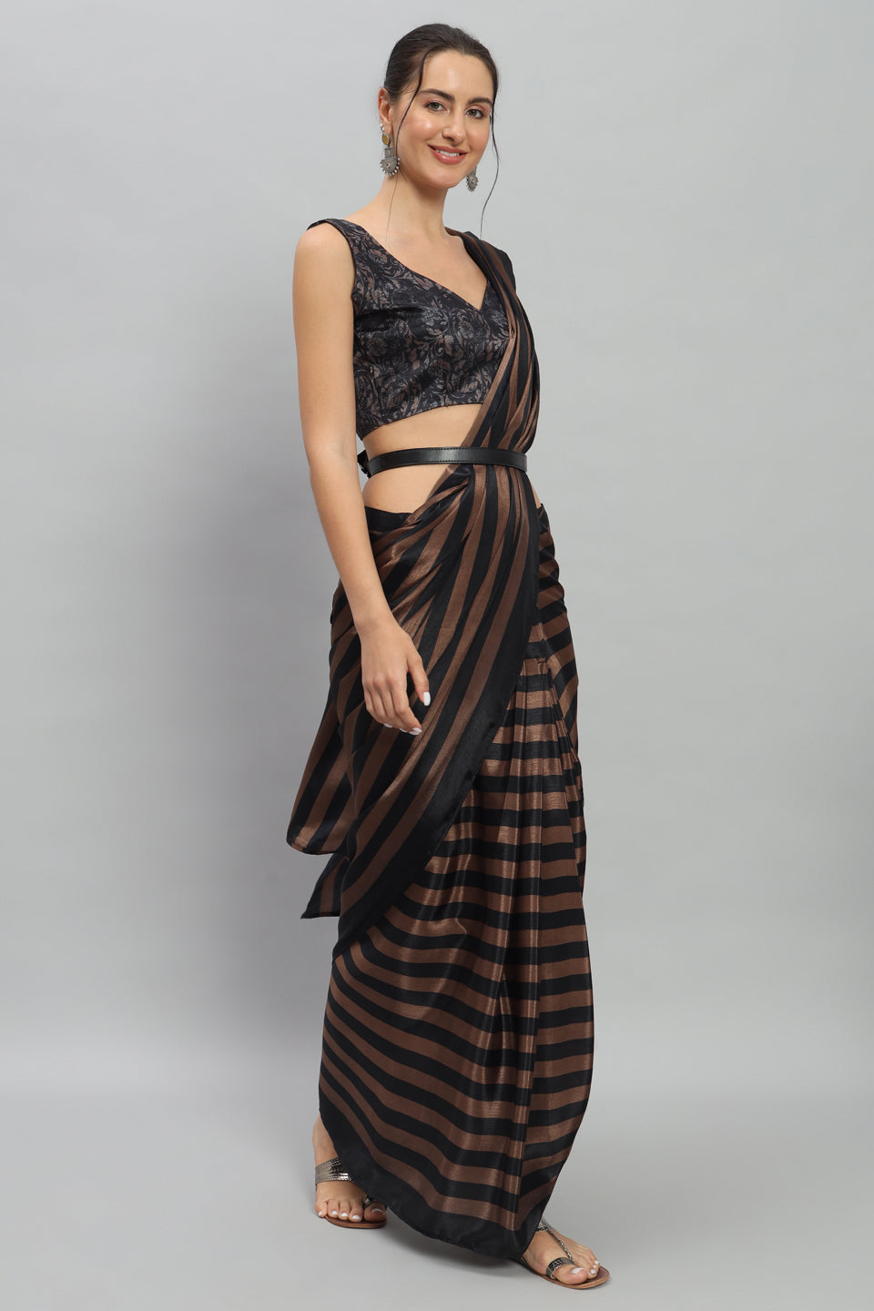 Satin Striped Printed Ready to Wear Pre-stitched Brown Saree