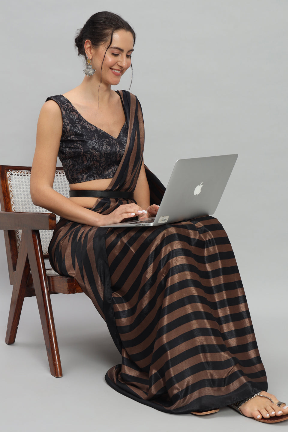 Satin Striped Printed Ready to Wear Pre-stitched Brown Saree