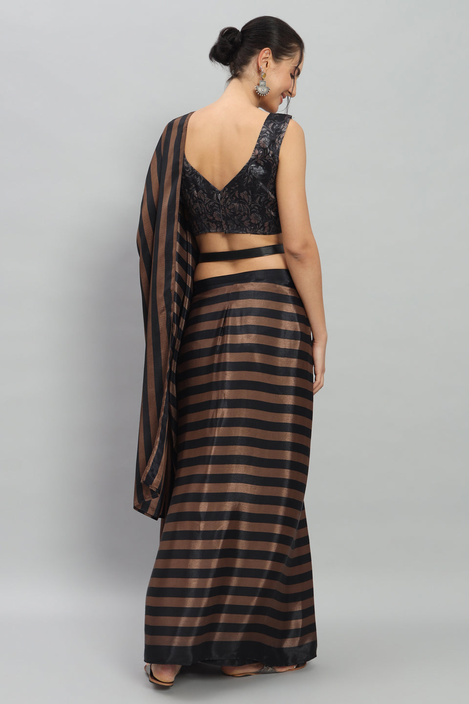 Satin Striped Printed Ready to Wear Pre-stitched Brown Saree