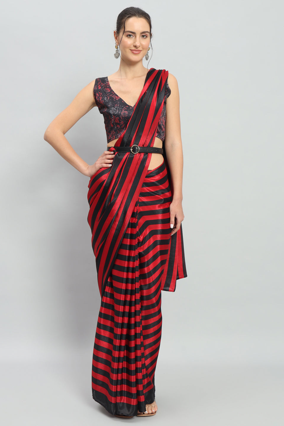 Satin Striped Printed Ready to Wear Pre-stitched Red Saree