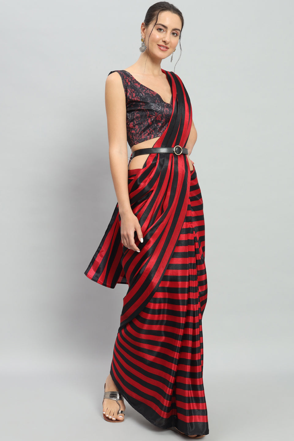 Satin Striped Printed Ready to Wear Pre-stitched Red Saree