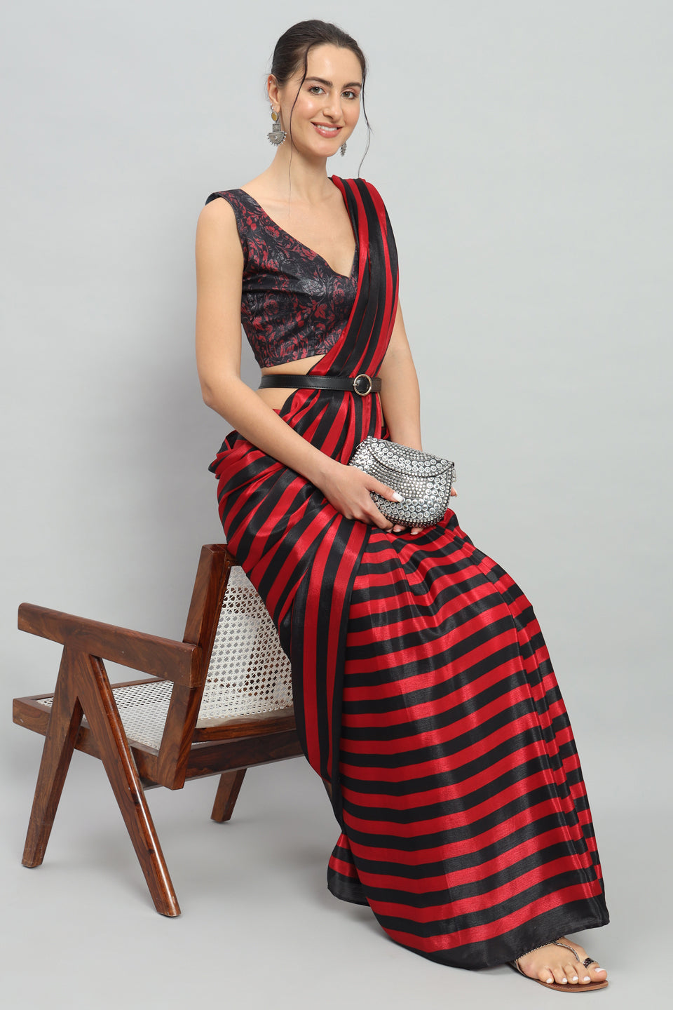 Satin Striped Printed Ready to Wear Pre-stitched Red Saree