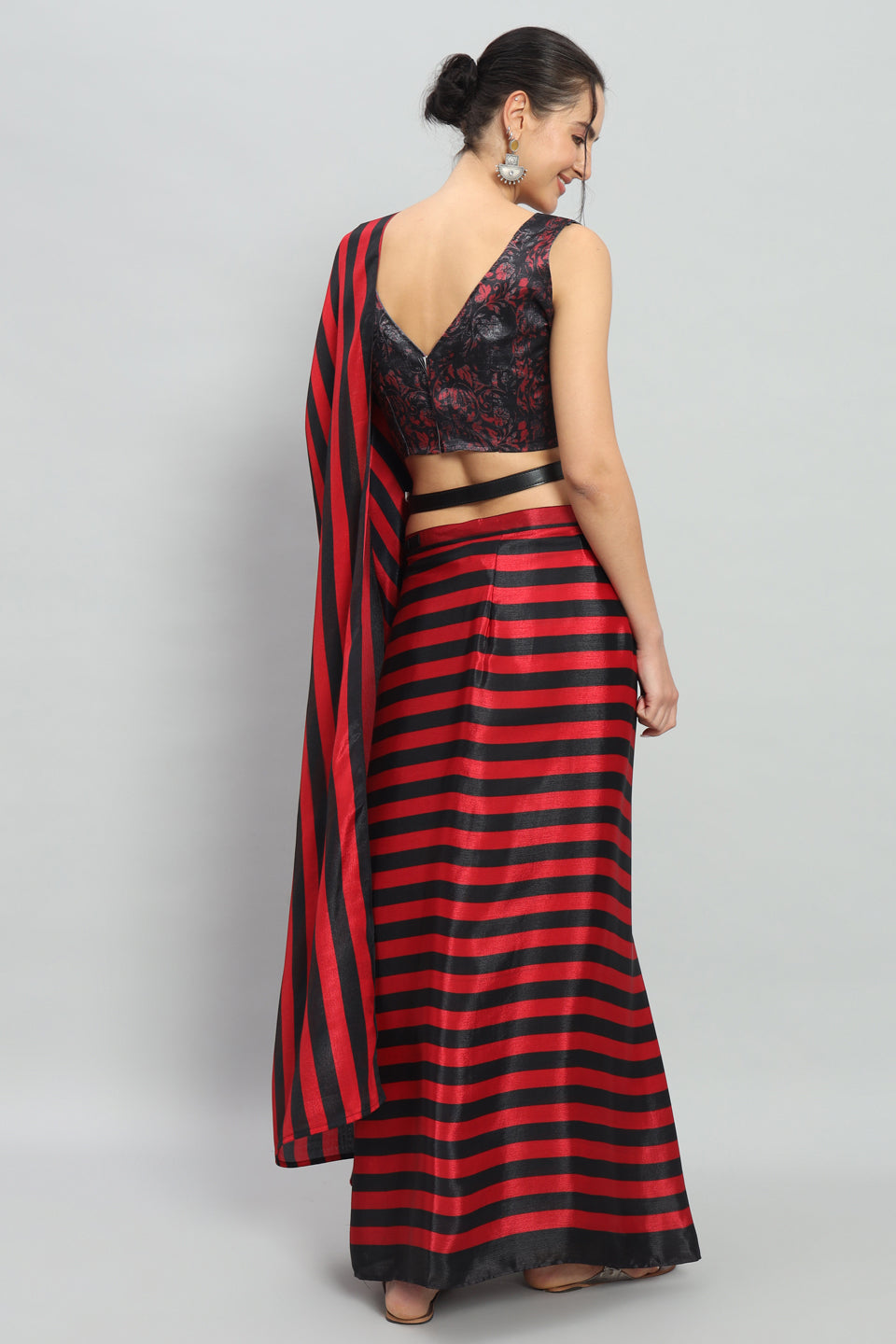 Satin Striped Printed Ready to Wear Pre-stitched Red Saree
