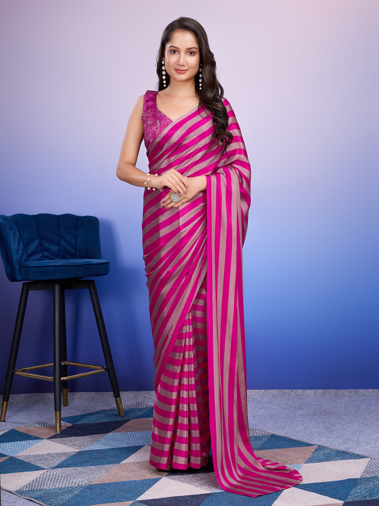 Partywear Stripes Ready to Wear Pink Saree