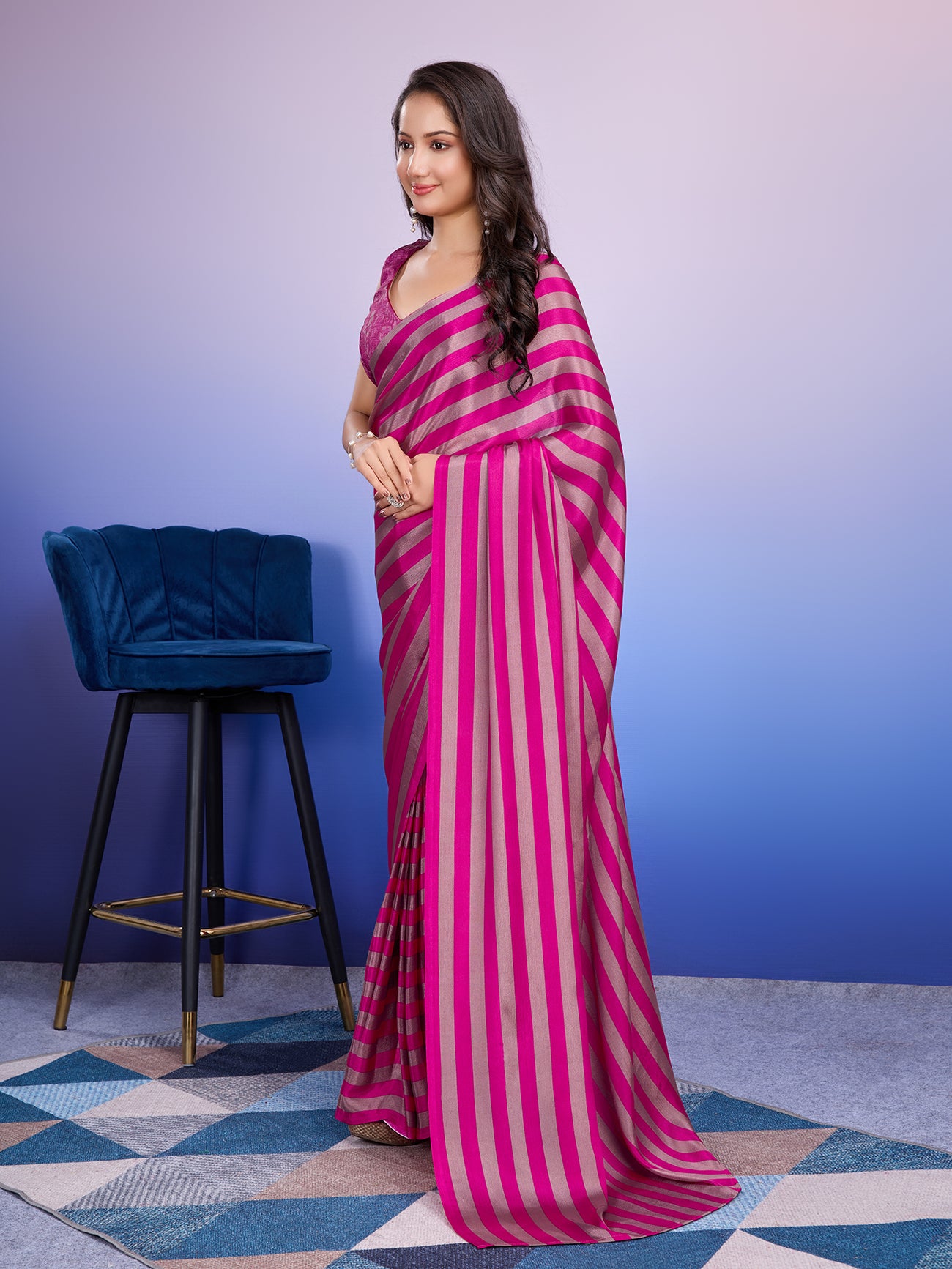 Partywear Stripes Ready to Wear Pink Saree