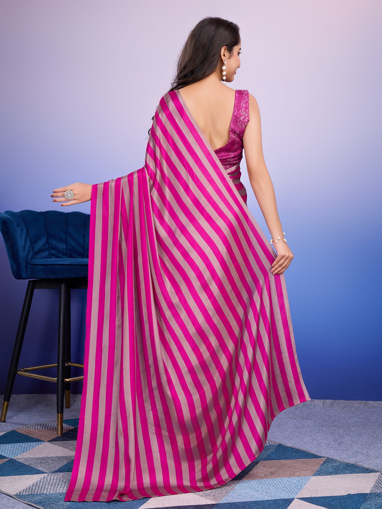 Partywear Stripes Ready to Wear Pink Saree