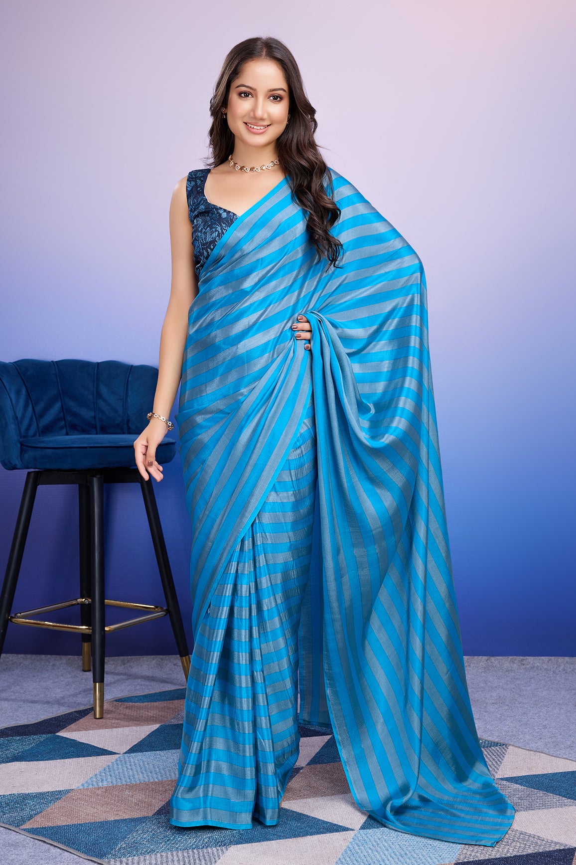 Partywear Stripes Ready to Wear Sky Saree