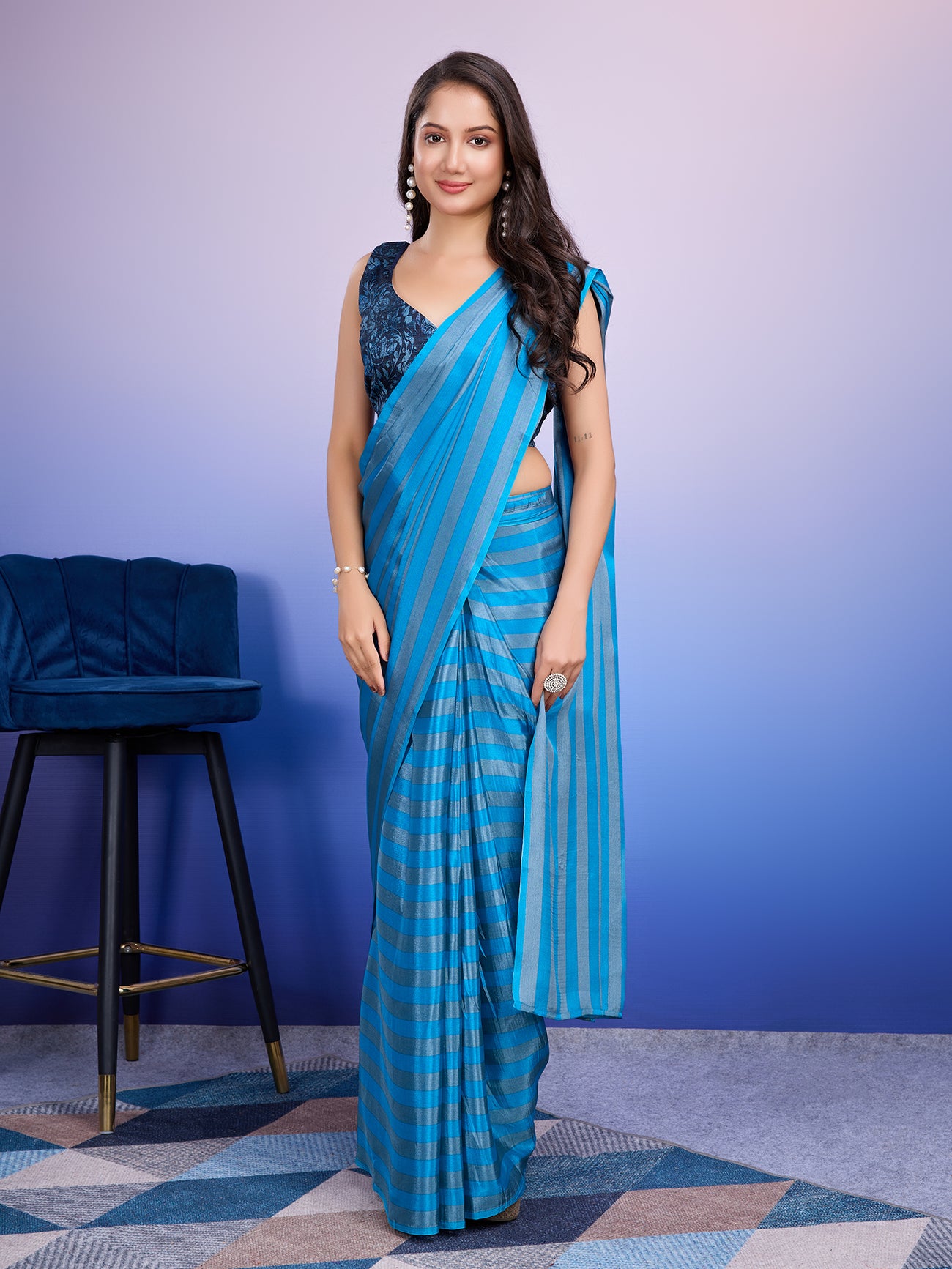 Partywear Stripes Ready to Wear Sky Saree