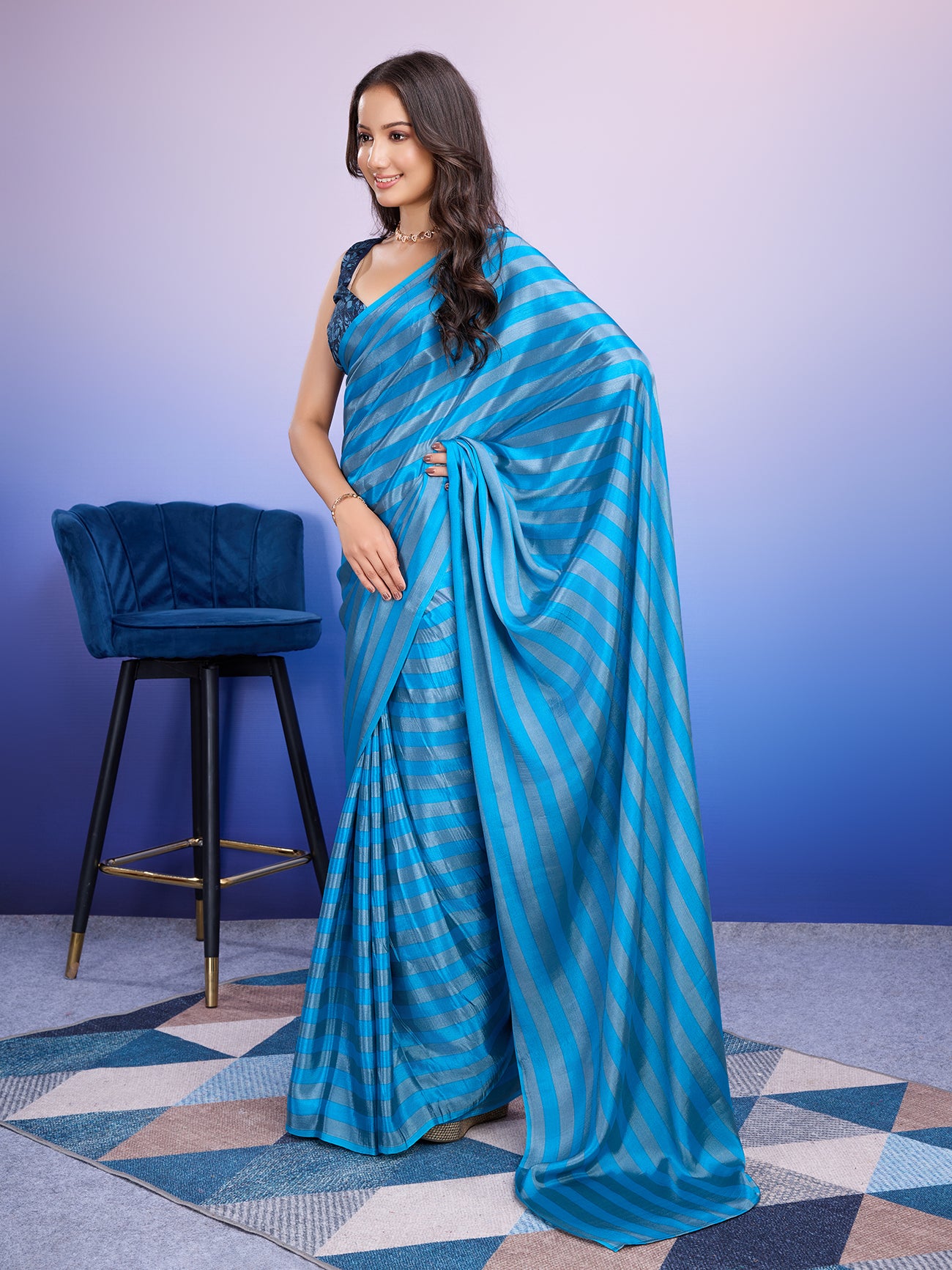Partywear Stripes Ready to Wear Sky Saree