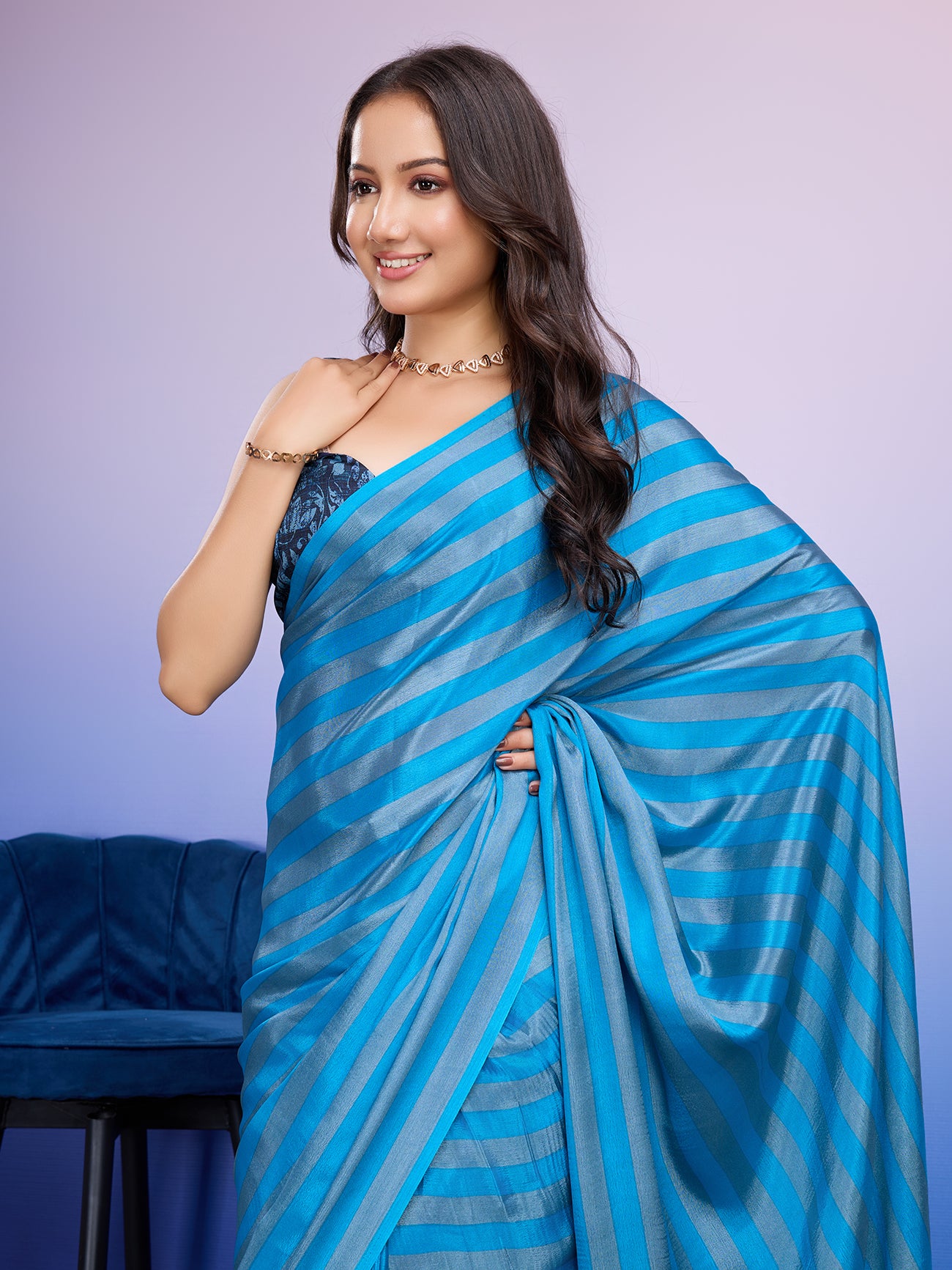 Partywear Stripes Ready to Wear Sky Saree