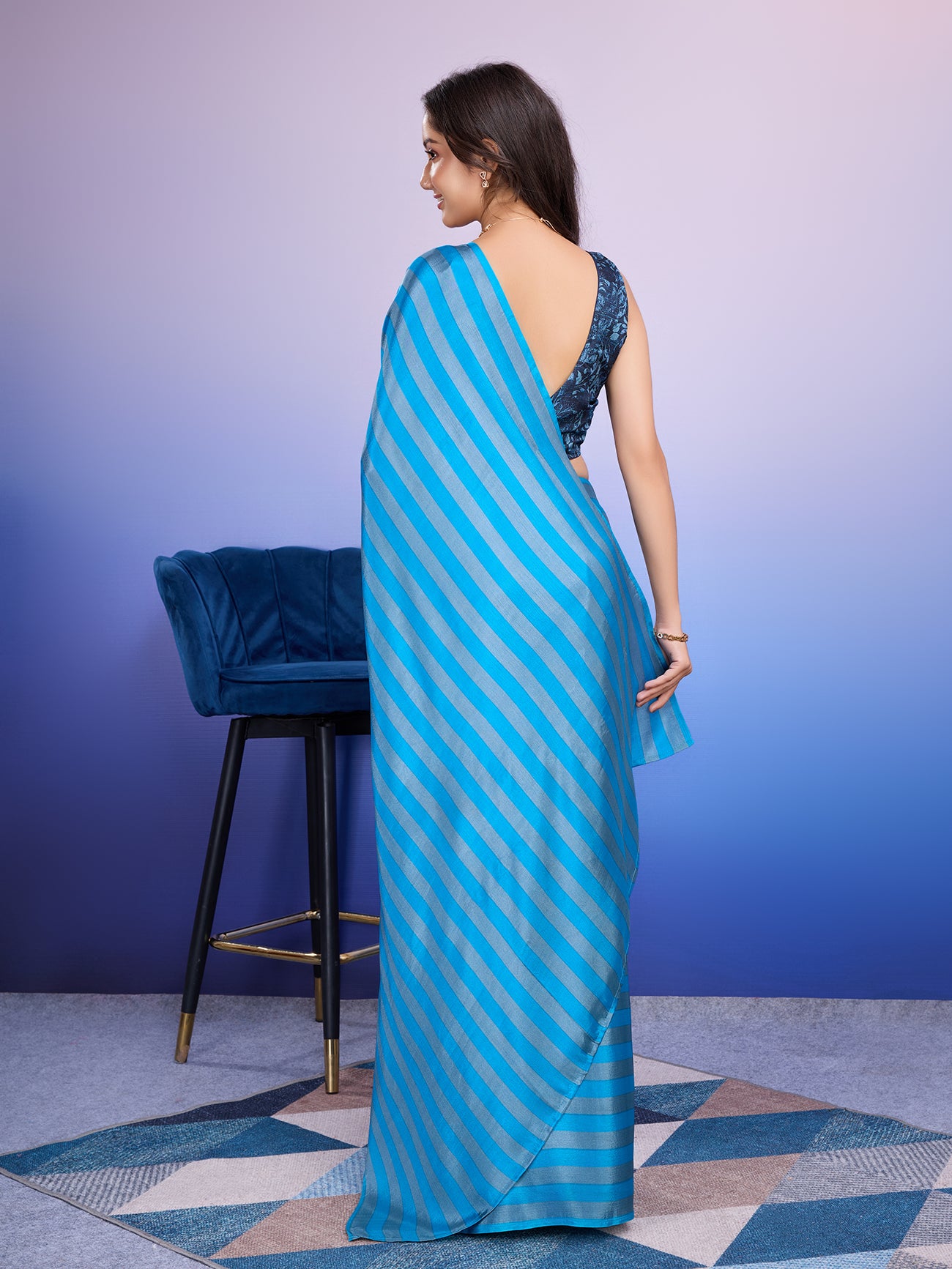 Partywear Stripes Ready to Wear Sky Saree