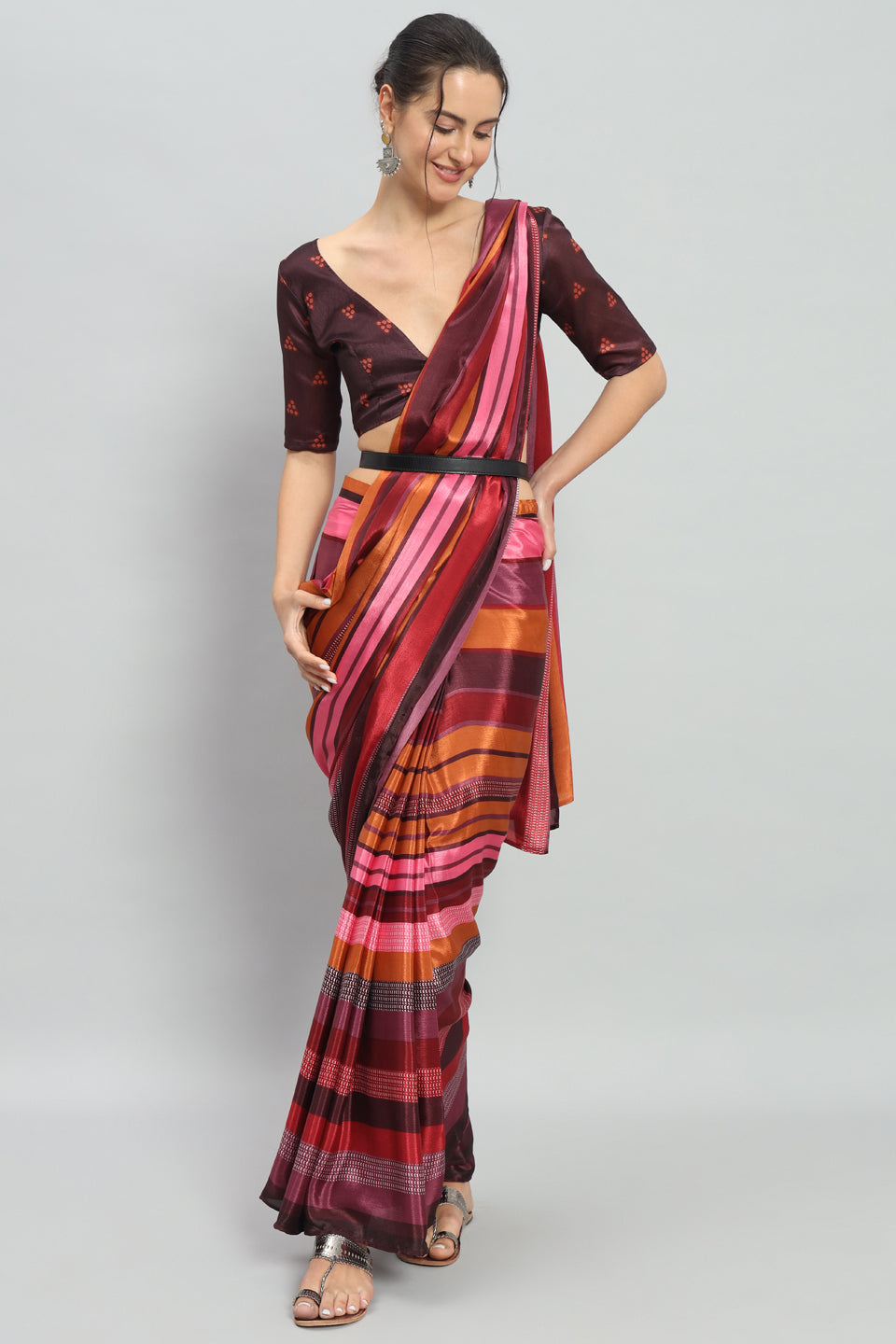 Satin Striped Printed Ready to Wear Pre-stitched Multicolord Saree