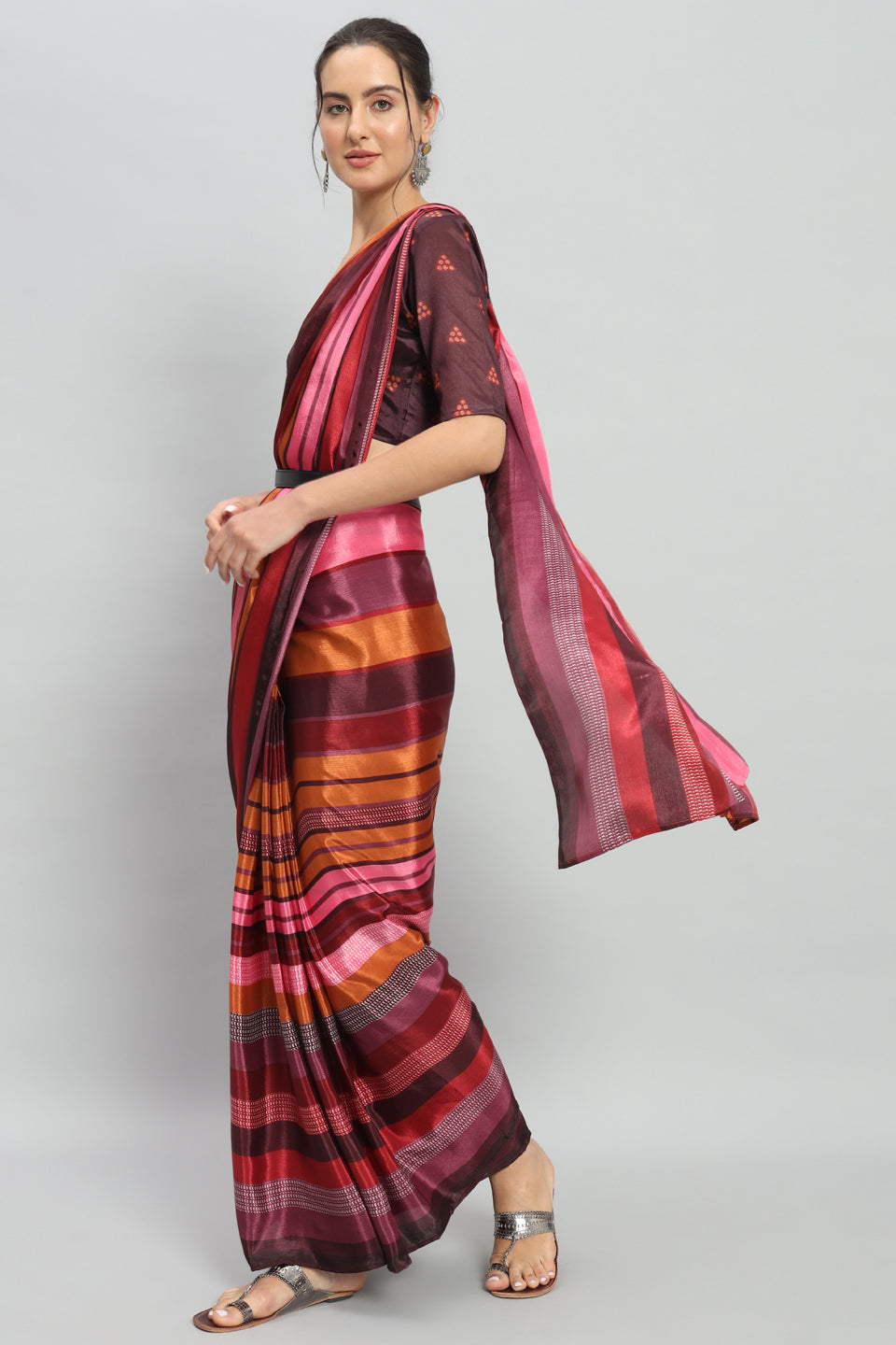 Satin Striped Printed Ready to Wear Pre-stitched Multicolord Saree