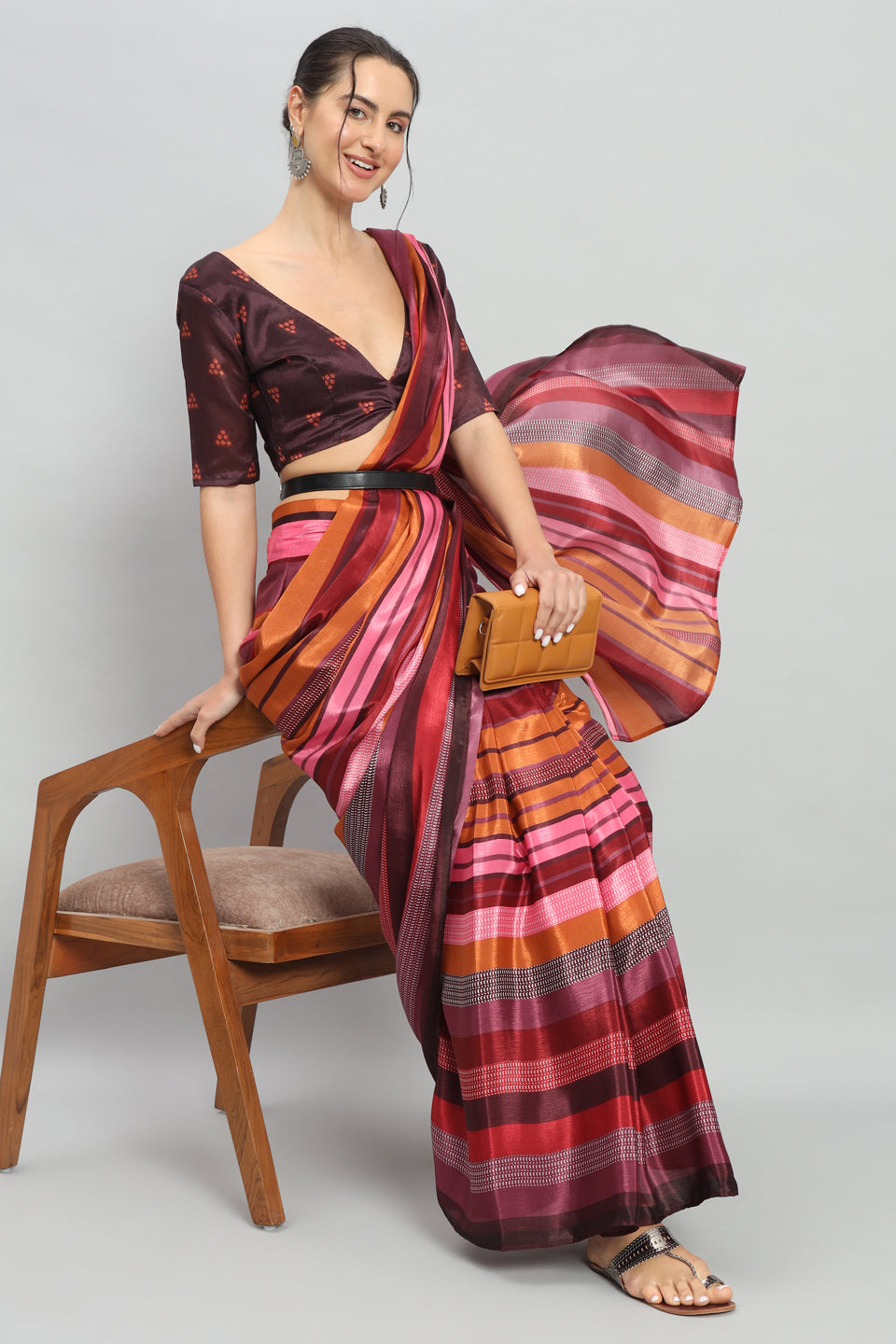 Satin Striped Printed Ready to Wear Pre-stitched Multicolord Saree