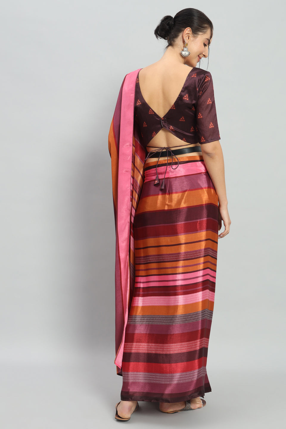Satin Striped Printed Ready to Wear Pre-stitched Multicolord Saree