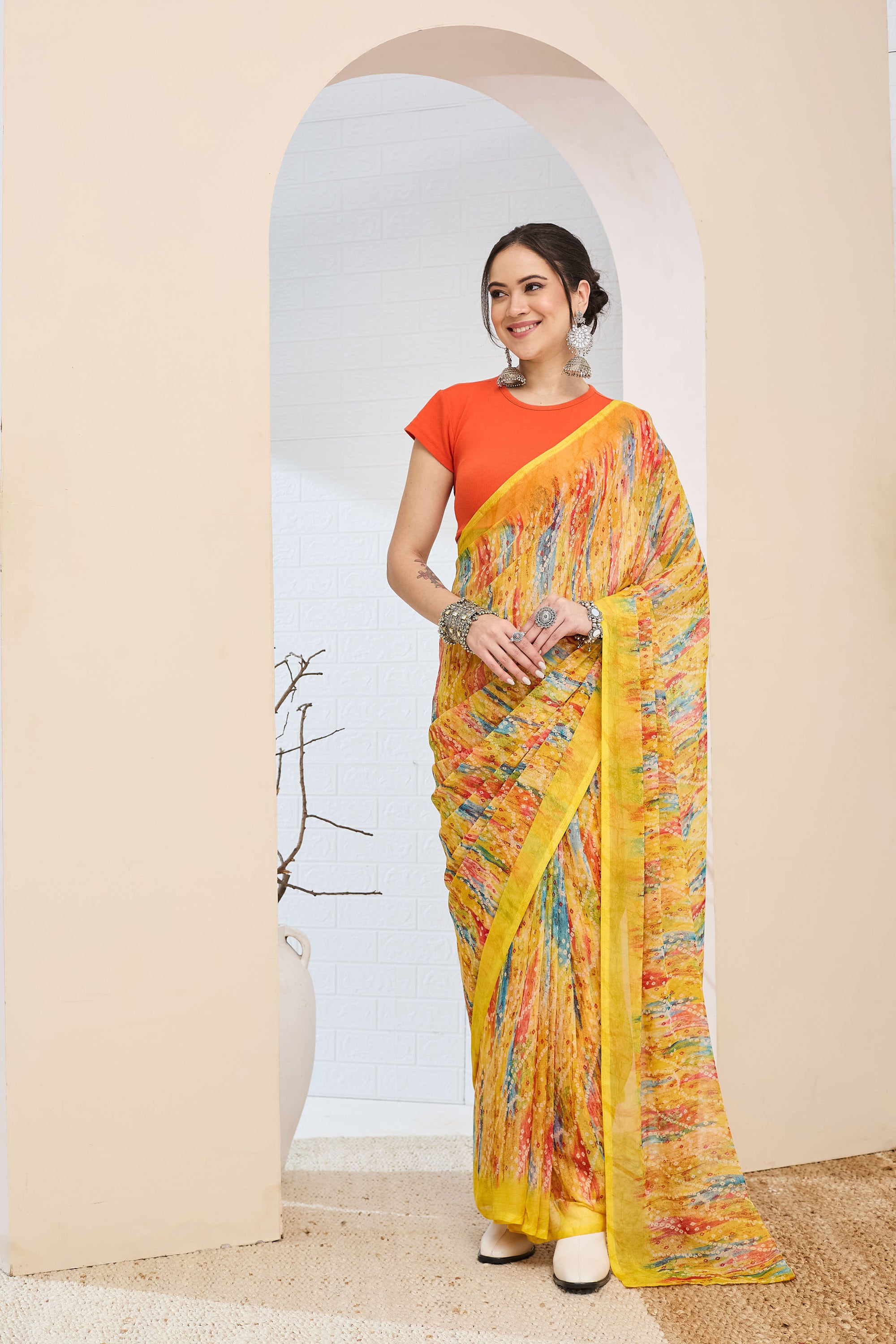 Amazing Yellow Color Poly Chiffon Ready To Wear Saree