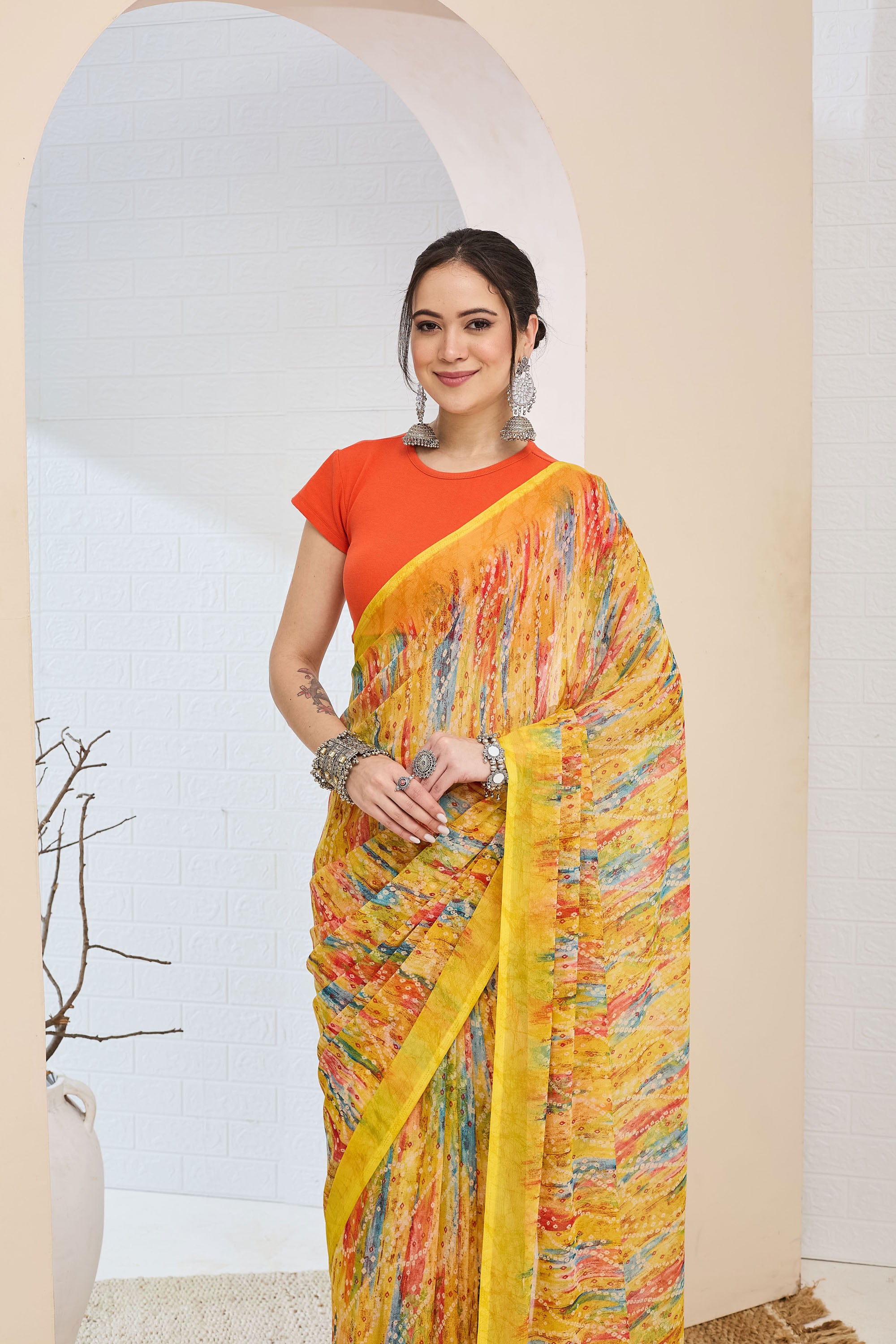 Amazing Yellow Color Poly Chiffon Ready To Wear Saree