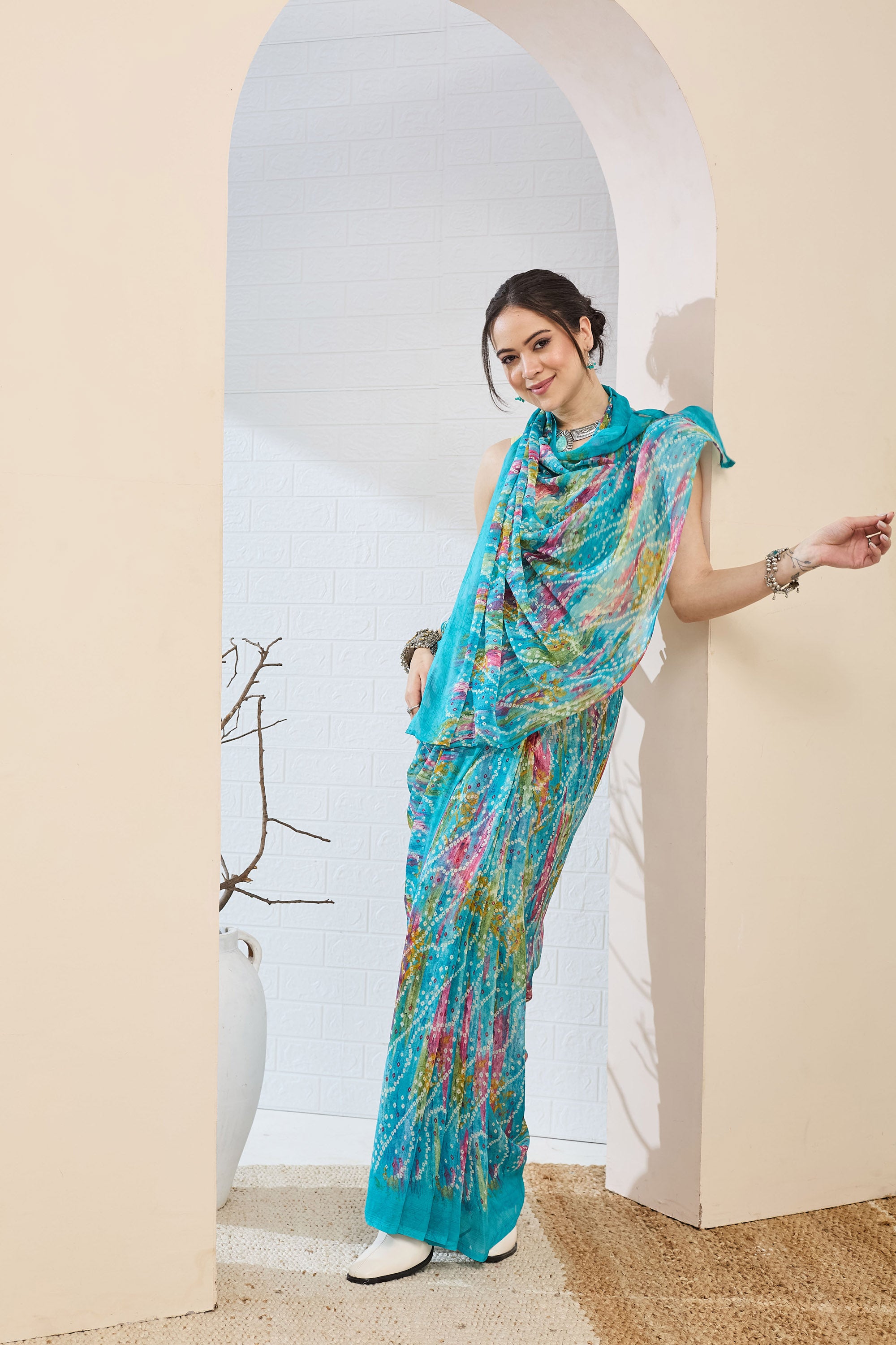 Beautiful Blue Color Poly Chiffon Ready To Wear Saree