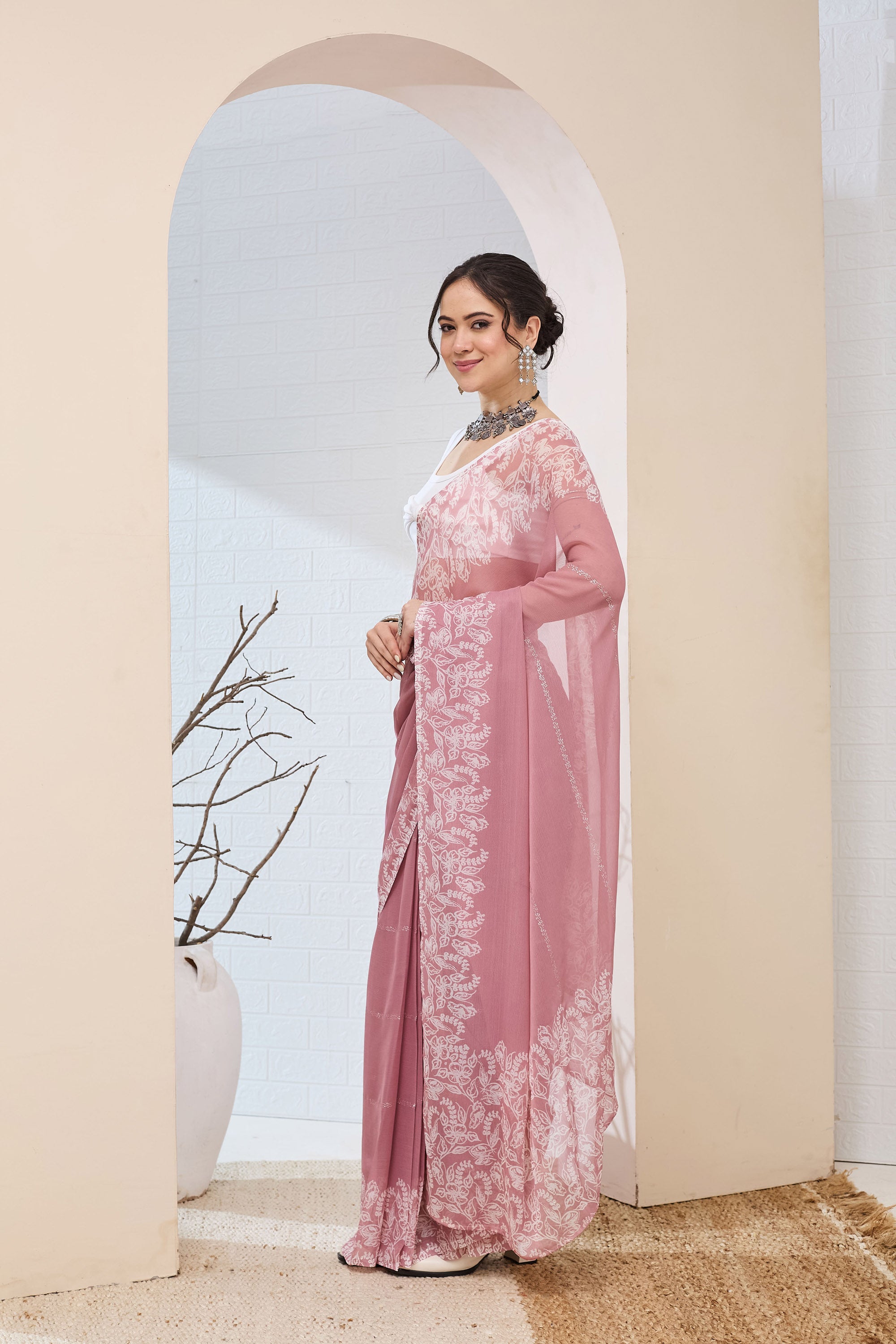 Beautiful Pink Color Poly Chiffon Ready To Wear Saree