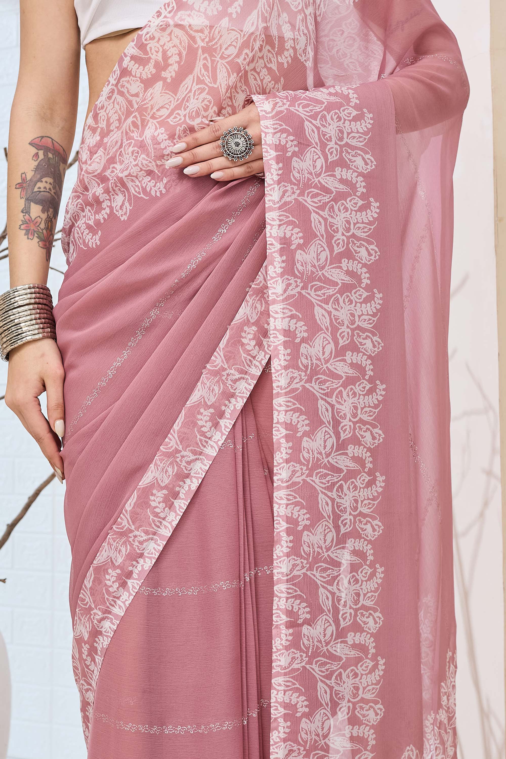 Beautiful Pink Color Poly Chiffon Ready To Wear Saree