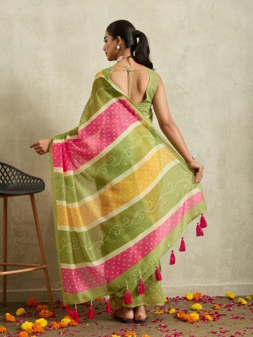 Green Bandhani Printed Cotton Blend Ready to Wear Saree