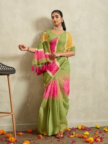 Green Bandhani Printed Cotton Blend Ready to Wear Saree