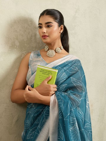Blue Floral Printed Cotton Blend Ready to Wear Saree