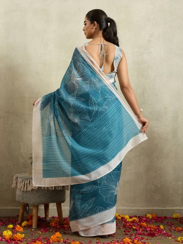 Teal Floral Printed Cotton Blend Ready to Wear Saree