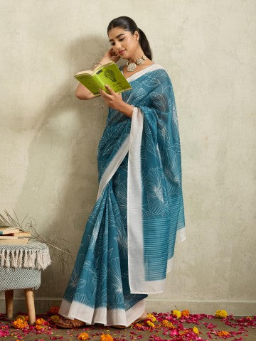 Blue Floral Printed Cotton Blend Ready to Wear Saree