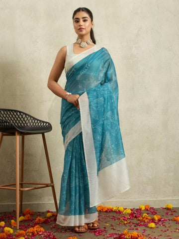 Teal Bird Printed Chanderi Ready to Wear Saree
