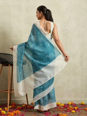 Blue Cotton Blend Ready to Wear Saree