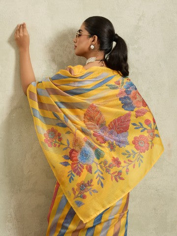 Yellow Floral Printed Chanderi Party Wear Saree