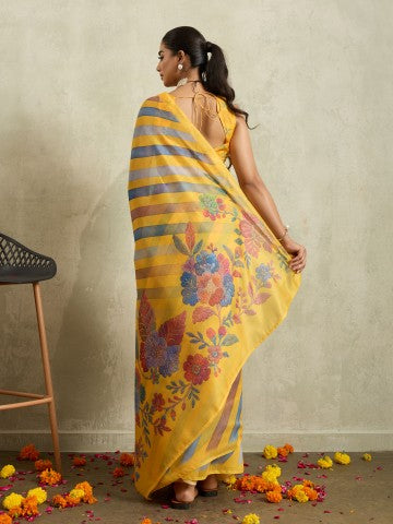 Yellow Floral Printed Cotton Blend Ready to Wear Saree