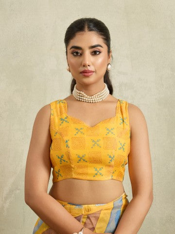 Yellow Floral Printed Cotton Blend Ready to Wear Saree