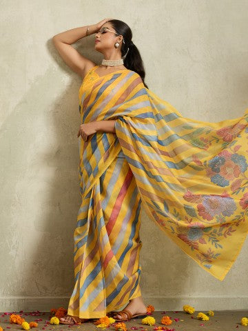 Yellow Floral Printed Cotton Blend Ready to Wear Saree