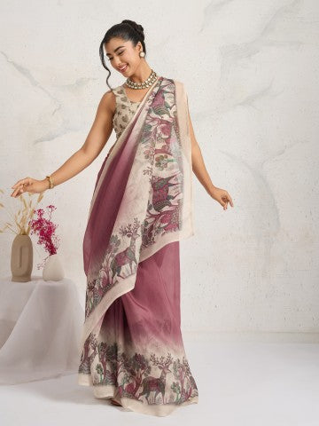 Pink Ethnic Printed Cotton Blend Ready to Wear Saree