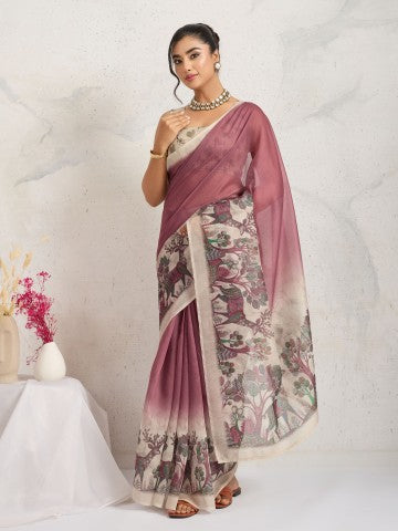 Pink Ethnic Motifs Printed Cotton Blend Party Wear Saree