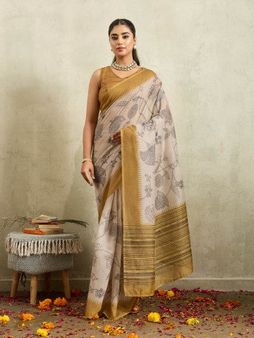 Cream Floral Printed Cotton Blend Ready to Wear Saree